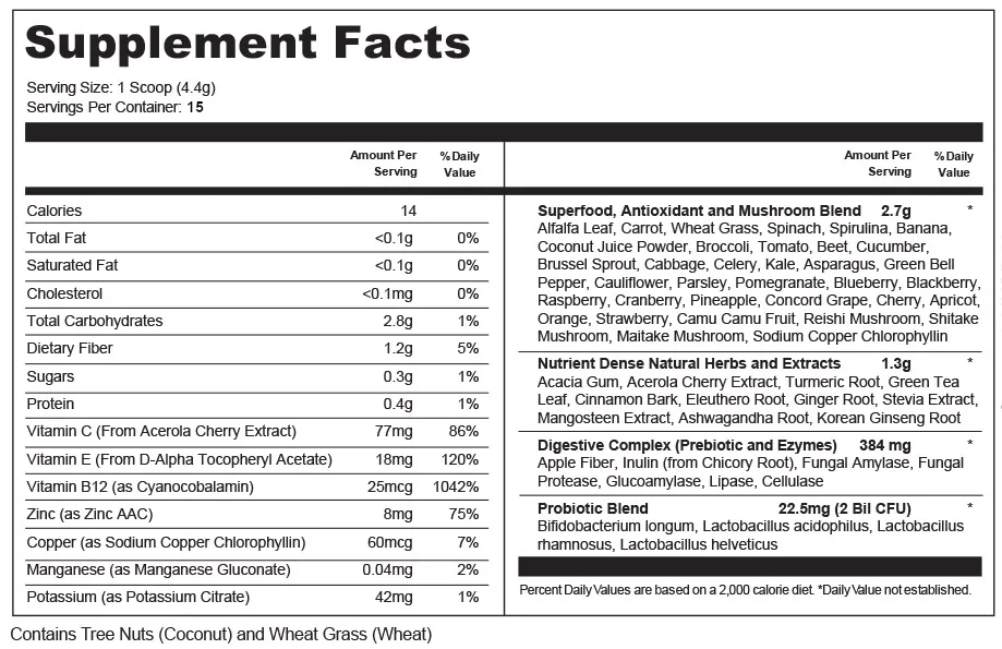 Promos Town 1 Travel Size Greens Nutrition Powder ingredients